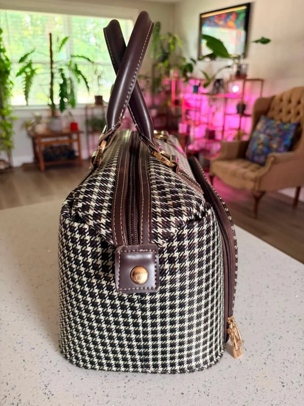 London Fog Houndstooth Travel Cosmetic Bag Makeup Organizer Weekender Case